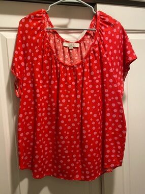 LOFT Red and Pink Polka Dot Short Sleeve Scoop Neck Blouse